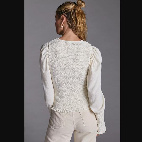 Anthropologie Smocked Puff-Sleeved Cream Top - New - Large - Picture 3 of 5